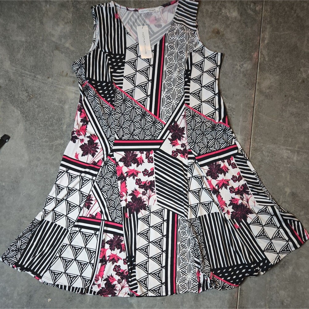 Notations Womens Pink Black Printed Sleeveless Vneck, Sleeveless Dress L